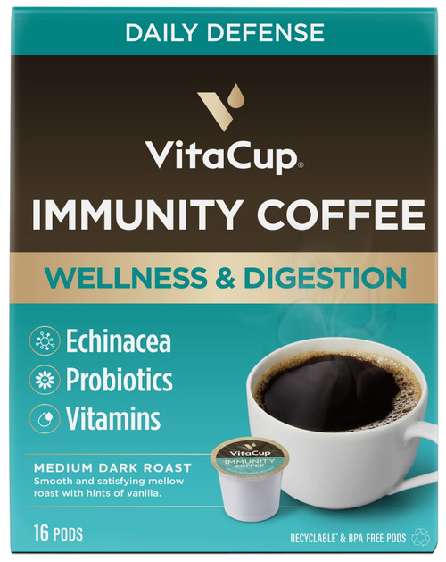 Vitacup Immunity Coffee Pods With Echinacea, Probiotics, And Vitamin C & D3 Infused In Recyclable Single Serve Pod Compatible With K-cup Brewers Including Keurig 2.0, 16 Ct