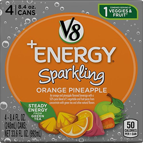 V8 +energy Sparkling Healthy Energy Drink, Natural Energy From Tea, Orange Pineapple, 8.4 Oz Can, 4 Count