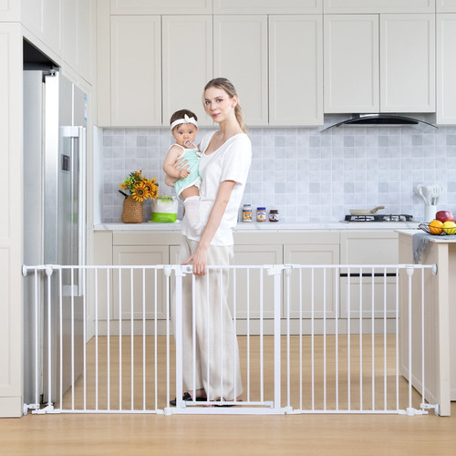33"-80" Extra Wide 30" Tall Adjustable Auto Close Metal Pressure Open Area Baby Gate With Swing Door For Doorway Stairs, Long Large, White
