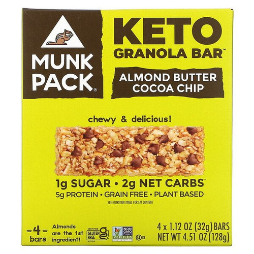 Munk Pack, Keto Granola Bar, Almond Butter Cocoa Chip, 4 Bars, 1.12 Oz (32 G) Each