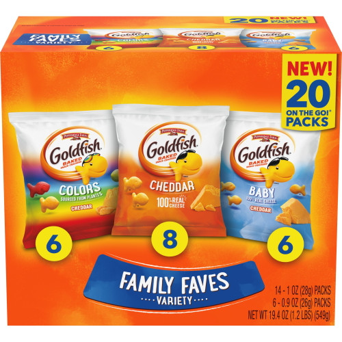 Goldfish Family Faves Crackers, Cheddar, Colors And Baby Crackers Snack Pack, 0.9 Oz, 20-ct Variety Pack Box