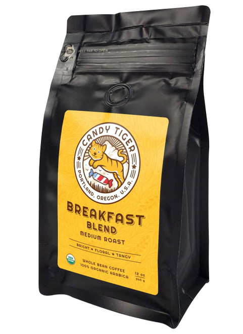 Candy Tiger Usda Organic Medium Roast Whole Bean Breakfast Blend. Direct Trade 12 Oz.