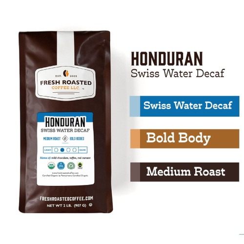 Fresh Roasted Coffee, Organic Honduran Swiss Water Decaf Coffee, Medium Roast, Whole Bean, 32 Oz
