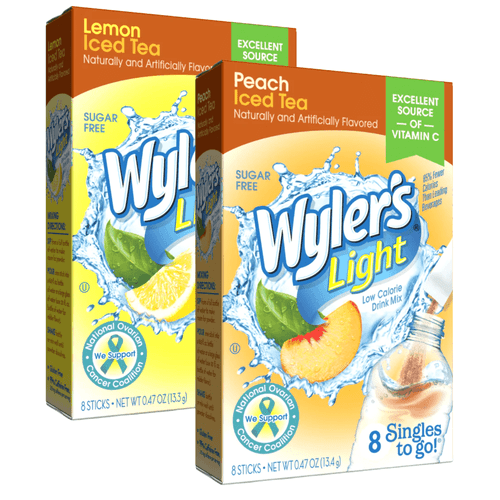 Wyler's Light Singles To Go Powdered Drink Mix 1 Lemon And 1 Peach Iced Tea Powder Beverages Sugar-free Non-carbonated Fruity & Delicious Water Enhancer- 2 Boxes 8 Sticks Each 16 Total Servings