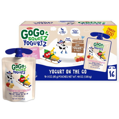 (16 Pack) Gogo Squeez Yogurtz Strawberry Banana Lowfat Yogurt Pouches, 3 Oz, 16 Pack