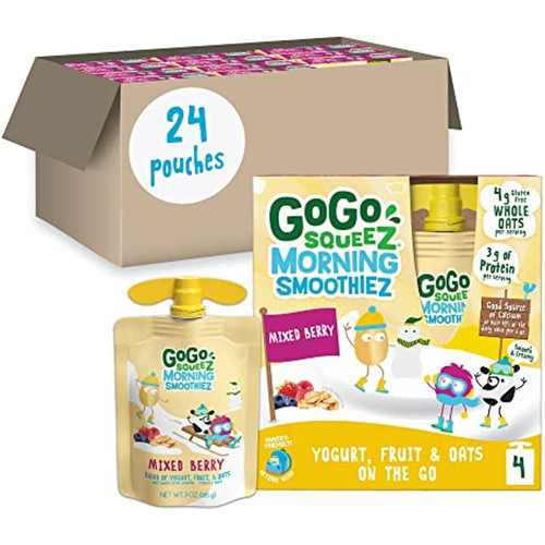 Gogo Squeez Morning Smoothiez, Mixed Berry, 3 Oz. (24 Pouches) - Gluten Free Yogurt, Fruit, & Oat Pouches - Individual Snacks For Kids - No Preservatives - Convenient & Bpa Free