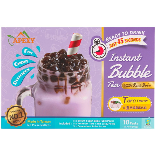 Apexy Bubble Tea Complete Set With Real Boba Pearls, Best Diy Boba / Bubble Tea Kit, Ready In 45 Seconds, 5 Packs Milk Tea Powder + 5 Packs Brown Sugar Tapioca Pearls + 5 Bubble Tea Straws, Taro
