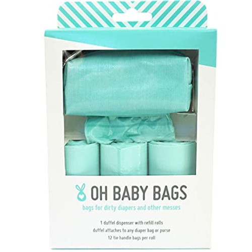 Oh Baby Bags Diaper Bag Clip-on Dispenser Gift Box With Disposable Bags For Dirty Diapers - Recycled Plastic - Seafoam Duffle Plus 48 Seafom Scented Bags