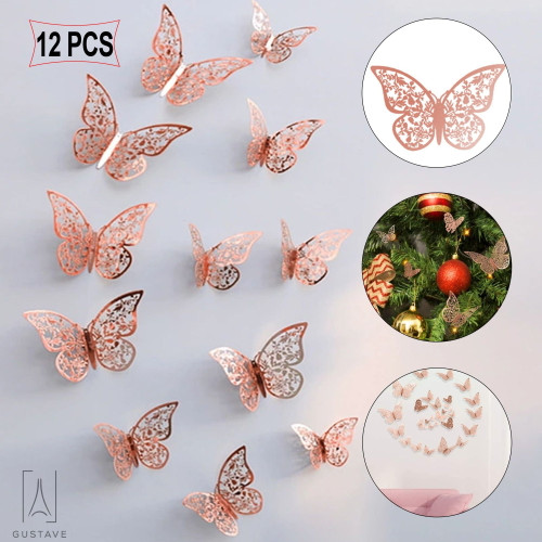 Gustavedeisng 12pcs Hollow-out Butterfly Wall Stickers, Removeable Metallic Paper 3d Butterfly Wall Decal Flying Decor Art Decor (rose Gold, Style C)