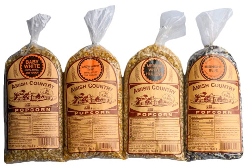 Amish Country Popcorn | 4 - 1 Lb Bags | Variety Pack | Baby White - Medium White - Ladyfinger And Midnight Blue Popcorn Kernels | Old Fashioned, Non-gmo And Gluten Free (4 - 1 Lb Bags)