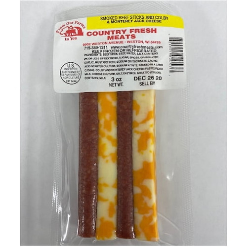 (102 Pack) Country Fresh Meats, Smoked Beef Sticks With Colby & Monterey Jack Cheese, 3-oz.