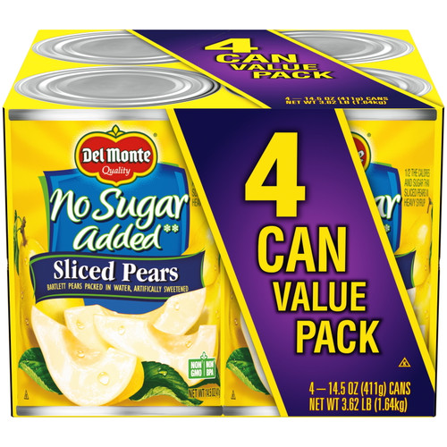(4 Cans) Del Monte Bartlett Pears, No Sugar Added, Canned Fruit, 14.5 Oz