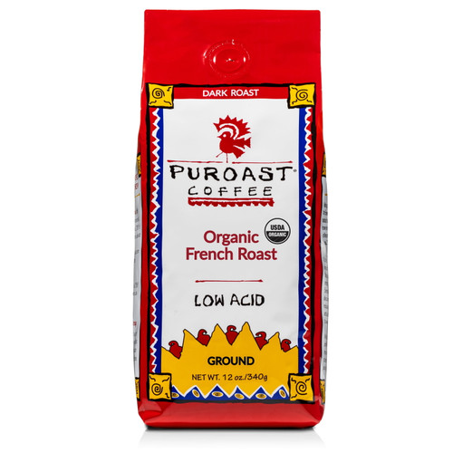 Puroast Low Acid High Antioxidant Organic Ground Coffee, French Roast, 12 Oz Bag
