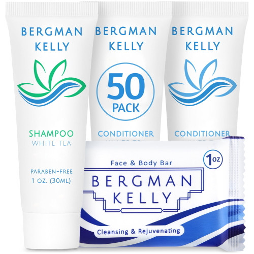 Bergman Kelly 1 Oz Hotel Soap Bars, 1 Fl Oz Shampoo + 1 Fl Oz Conditioner, 3-piece Set, 50 Pack (us Company)