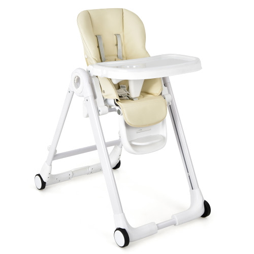 Baby Folding Convertible High Chair W/wheel Tray Adjustable Height Recline Beige