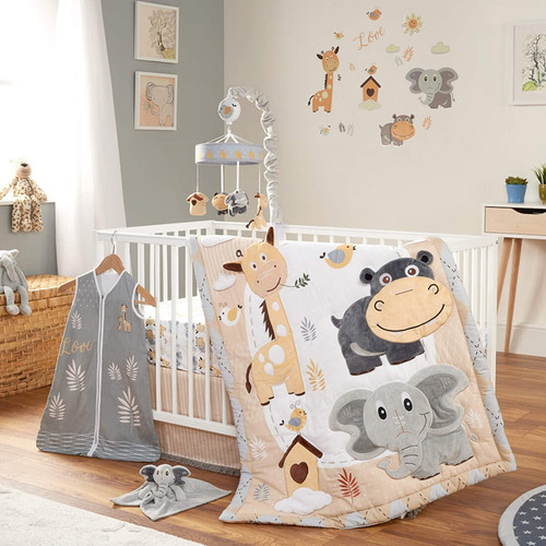 Oberlux Crib Bedding Set For Boys And Girls, 8 Piece Baby Nursery Bedding Crib Set, Jungle Animal Safari Theme, Gray/tan/white