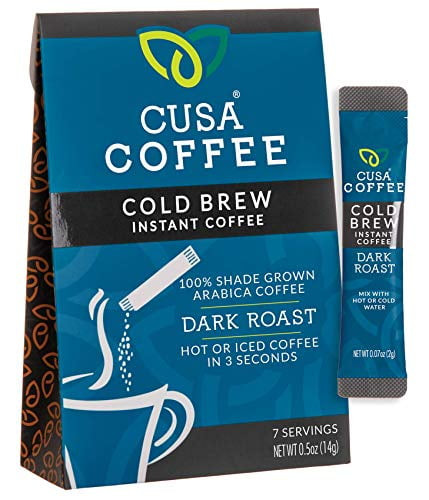 Cusa Tea & Coffee, Dark Roast Cold Brew. Premium Instant Coffee, Rainforest Alliance Certified Arabica Beans. Drink Mix Packets Ready In Seconds, Makes Hot Or Iced Coffee (7 Servings)