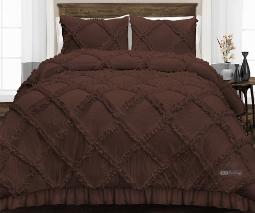 Twin Comforter Diamond Ruffle Chocolate 300 Gsm Plush Siliconized Microfiber Fill Duvet Insert With 1000 Thread Count Egyptian Cotton Shell Fluffy With Piping & Pillowcases