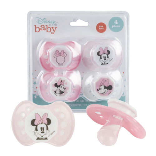Disney Cudlie Minnie Mouse Baby Girl 4 Pack Of Pacifiers With Old Time Minnie Print Pink