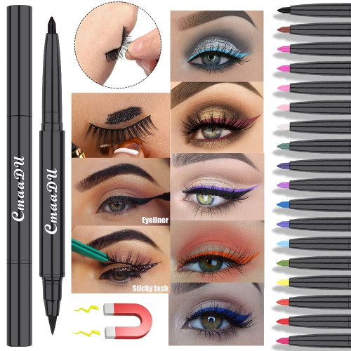 2 In 1 Self-adhesive Magnetic Eyeliner Liquid Pen, Color Eyeliner Gel Pen, Lasting Waterproof,18 Colors