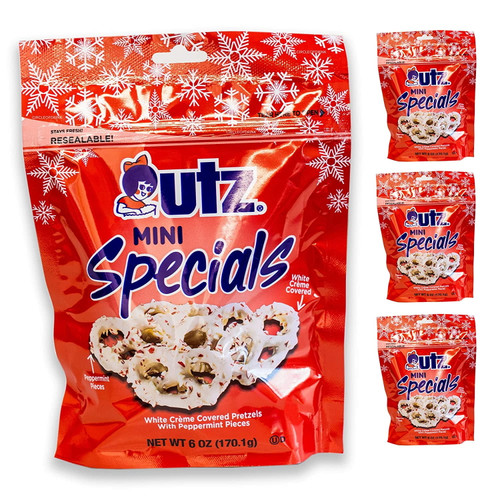 Utz Mini Specials Pretzels - White Chocolate Covered With Peppermint Pieces - Holiday Christmas Pretzels - Delicious And Sweet - 4, 6oz Bags