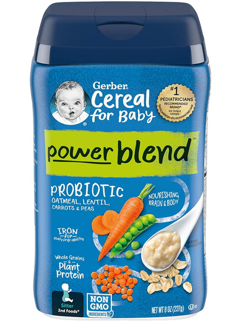 Gerber 2nd Foods Power Blend Cereal, Probiotic Oatmeal, Lentil, Carrots & Peas - 8 Oz, 2 Count