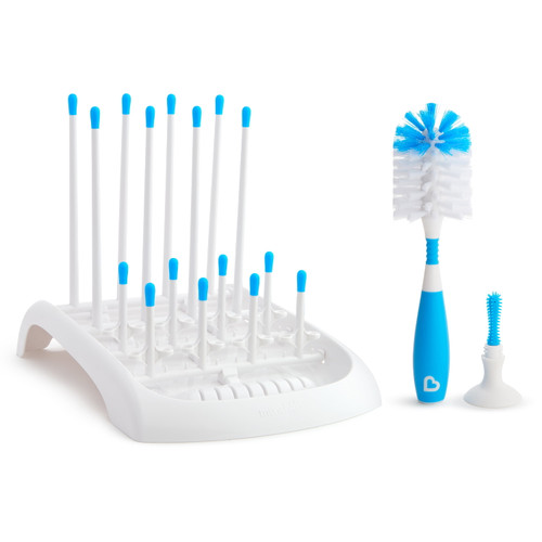 Munchkin Drying Rack And Bristle Bottle Brush Cleaning Set, Blue