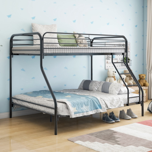 Aukfa Metal Bunk Bed Twin Over Full For Kids Teens Adults - Ladder And Safety Rails - Black