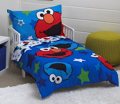 Sesame Street Awesome Buds Elmo/cookie Monster 4 Piece Toddler Bed Set, Blue/red/green