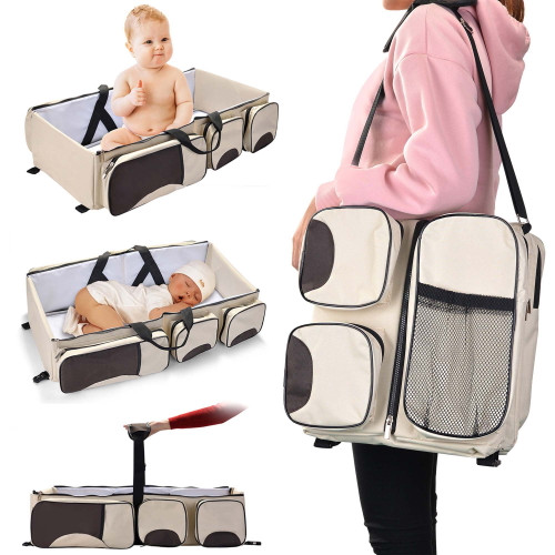 3 In 1 Infant Sleeper Baby Bed Diaper Bag, Snuggle Nest With Multi-pockets Portable Infant Travel Bassinet Nappy Changing Station-diaper Tote Bags With Large Convertible Capacity For Outdoor (beige)