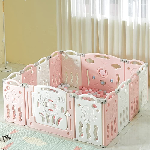 Albott Baby Playpen 14 Panels Play Yards, Game Panel And Gate With Safety Lock, Baby Fence Adjustable Shape For Children Toddlers Indoors Or Outdoors(pink+white, 14 Panel)