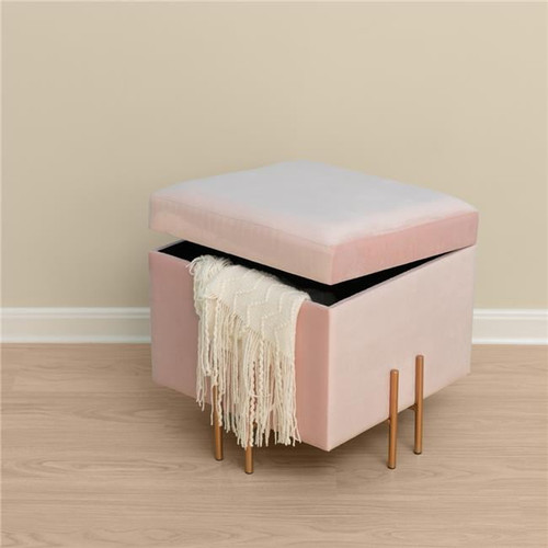Square Velvet Storage Ottoman With Rose Gold Legs, Pink