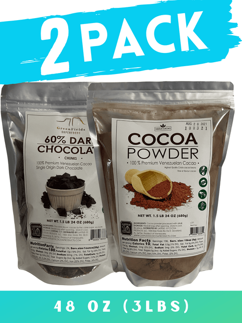 2 Pack: Venezuelan Gourmet Cocoa Powder 1.5lb + Venezuelan 60% Dark Chocolate 1.5lb, Greenfields Superfoods, Vegan, Non-gmo, Gluten Free