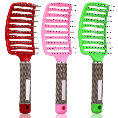 Taihexin 3 Pcs Detangling Hair Brush, Curved Vented Brush Faster Blow Drying, Ceramic Paddle Detangler Brush For Curly, Long And Straight Hairstyling(red,pink,green)
