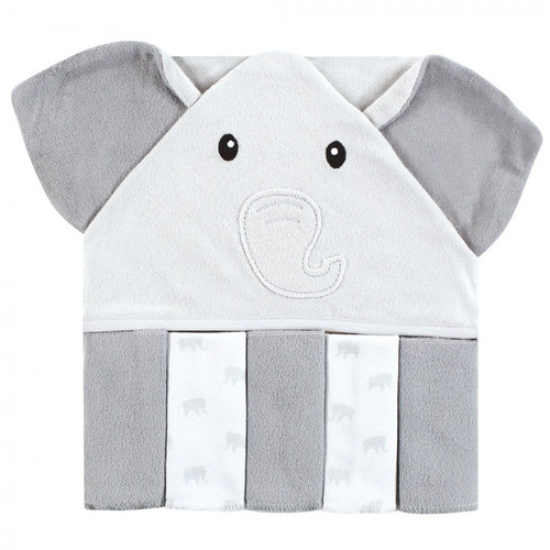 Hudson Baby Unisex Baby Hooded Towel And Five Washcloths, Gray Elephant, One Size