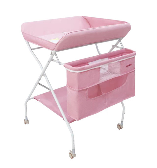 Baby Portable Changing Table With Wheels Adjustable Height Folding Infant Diaper Station Mobile Nursery Stand With Newborn Lightweight Large Storage Rack - Pink