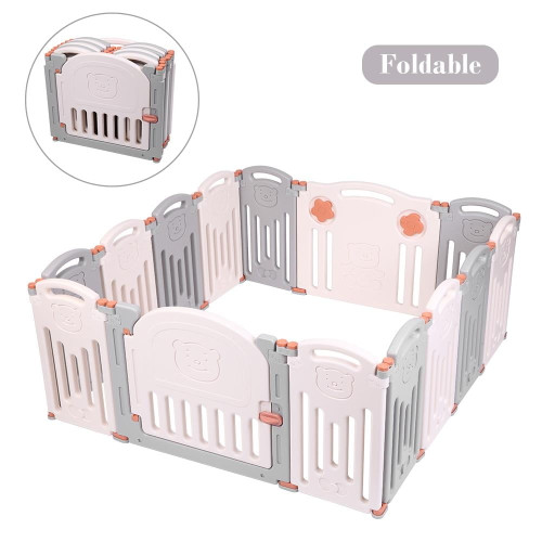 Ktaxon 14 Panels Foldable Baby Playpen Bpa-free Safety Play Yards Kids Activity Center With Locked Door Home Indoor Outdoor Bear Fence