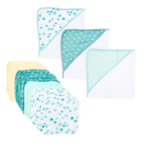 Spasilk Bath Hooded Towels & Washcloths Set For Babies, 23-piece Gift Set, Green Dots