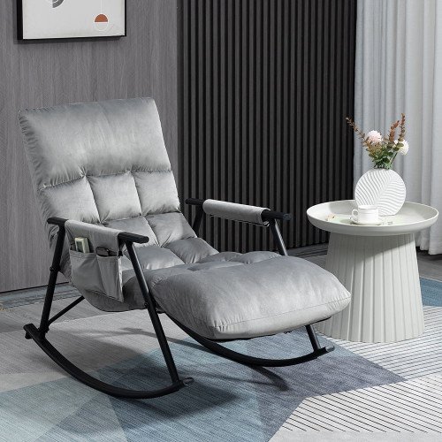 Newnno Velvet Accent Folding Rocking Recliner Chair Nursery With Side Pocket Adjustable High Back & Foot Rest (gray)