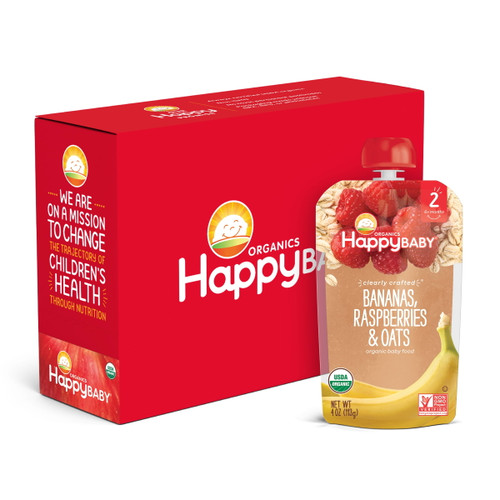 (8 Pouches) Happy Baby Organics Baby Food, Bananas, Raspberries & Oats, 4 Oz