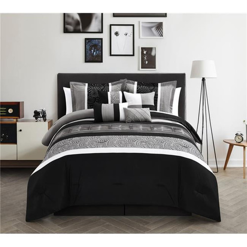 Chic Home 43ck112-us Euphoria Embroidered Comforter Set - Black - King - 8 Piece