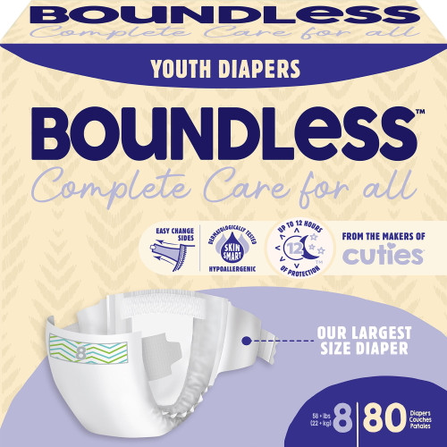 Boundless By Cuties Youth Diapers | Up To 12 Hours Of Protection | Skin Smart, Absorbent & Hypoallergenic Youth Diapers With Flexible & Secure Tabs | Size 8 | 80 Count