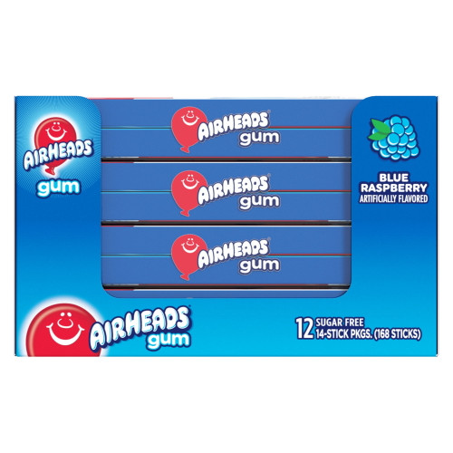 Airheads Gum, Blue Raspberry, Sugar Free, 14 Sticks (pack Of 12)
