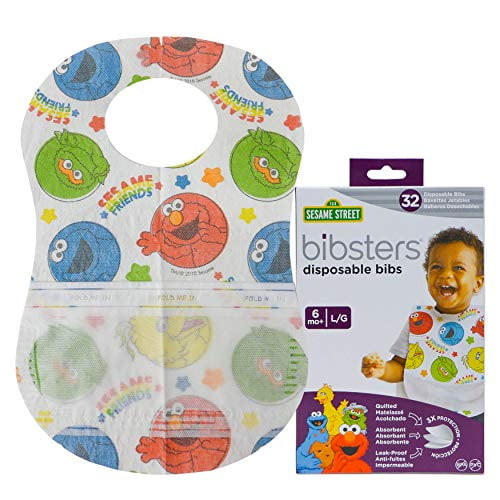 Bibsters Sesame Street Large Disposable Bibs With Patented Crumb-catcher, Leakproof Liner, And Reusable Fastener -age 6 Months And Up (pack Of 32)
