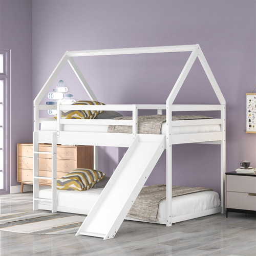 Twin Over Twin House Bunk Bed With Slide, Wood Twin Loft Bed Frame With Roof, Full-length Guardrails, Ladder, For Kids Bedroom Furniture, Can Be Decorated, No Box Spring Needed, White
