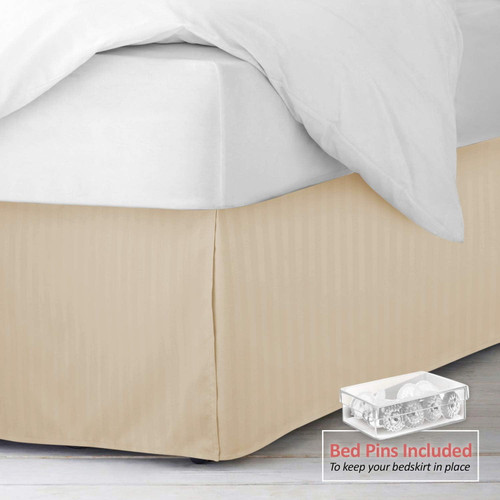 Nestl Pleated Bed Skirt - Damask Dobby Stripe Bed Skirt - Luxury Microfiber Dust Ruffle - 14” Tailored Drop - Bonus Bed Skirt Pins Set Of 8 Included - Queen, Cream