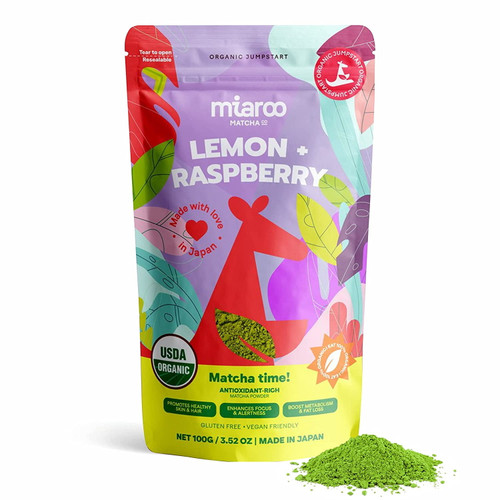 Miaroo Organic Ceremonial Grade Matcha Green Tea Powder | Certified Organic Authentic Japanese Matcha | Antioxidant Superfood, Natural Energy & Amino Acid Source (lemon Raspberry) | (50g Pouch)