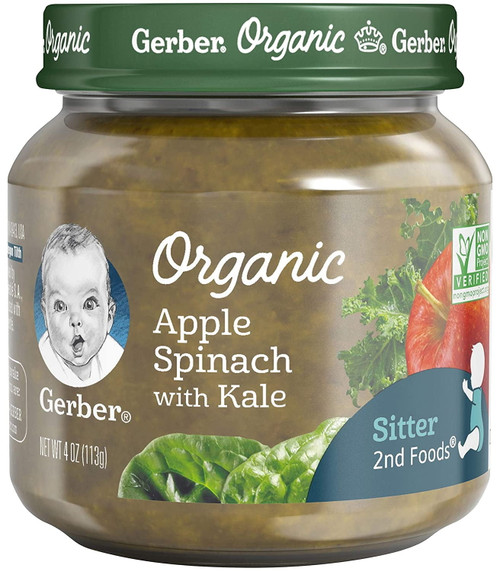 Gerber Organic For Baby, 2nd Foods, Sitter, Apple Spinach With Kale - 4 Oz, 10 Count