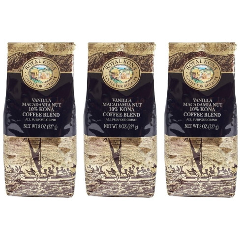 Royal Kona Coffee 10% Kona Blend, Vanilla Macadamia Medium-light Roast Ground Coffee, 8 Oz, 3 Pack