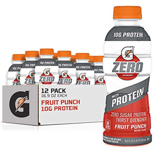 Gatorade Zero With Protein, 10g Whey Protein Isolate, Zero Sugar, Electrolytes, Fruit Punch, 16.9 Fl Oz, 12 Pack